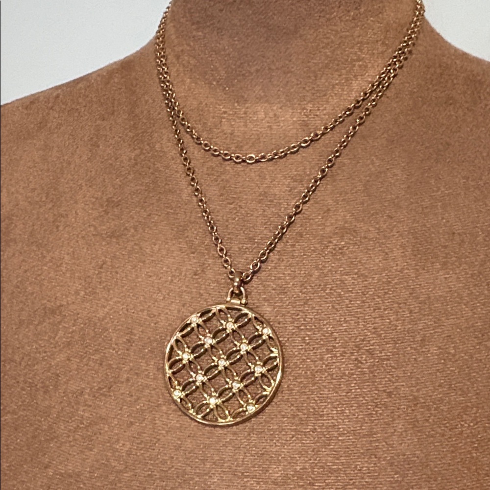 Fossil long necklace with round Gold embellished Pendant